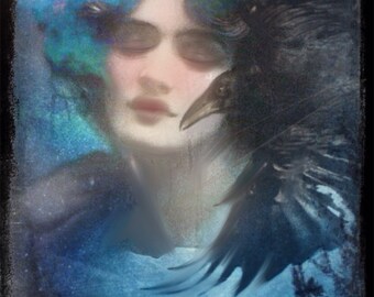 May include: An artistic, ethereal image featuring a woman with closed eyes, adorned with blue and green hair, and a raven. A full moon shines in the background, creating a mystical and dreamlike atmosphere. The color palette is dominated by blues and whites.