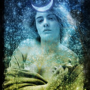 May include: A woman with long, flowing hair is depicted in a dreamy, ethereal style. She is surrounded by a starry night sky with a crescent moon above her head. The image is rendered in a soft, muted colour palette of blues, greens, and yellows.