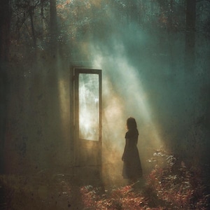 May include: A surreal image of a forest scene with a door opening to bright light. A person stands in front of the door, silhouetted against the light. The scene is filled with mist and sunlight filtering through the trees, creating a dreamlike atmosphere.