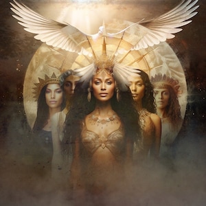 Puede incluir: Cinco mujeres con cabello largo y oscuro que llevan coronas y joyas adornadas se paran frente a un sol dorado con una paloma blanca volando arriba. El fondo es marrón oscuro con un efecto brumoso.