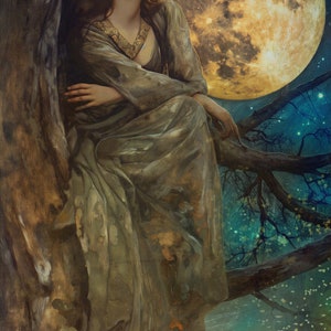 May include: A woman in a flowing, light brown dress sits on a tree branch under a large, full moon. The sky is dark blue with twinkling stars.