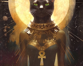 May include: A black cat with green eyes wearing a gold crown and a gold ankh pendant. The cat is sitting in front of a large, bright yellow moon.