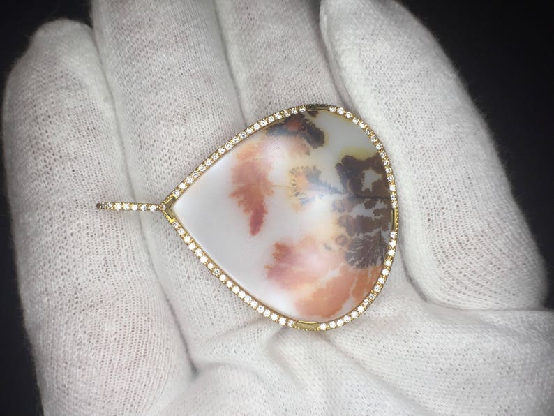 Gold Necklace, scenic agate, natural diamonds image 10