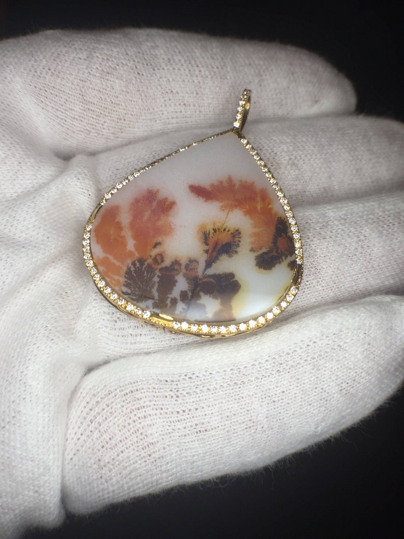 Gold Necklace, scenic agate, natural diamonds image 1