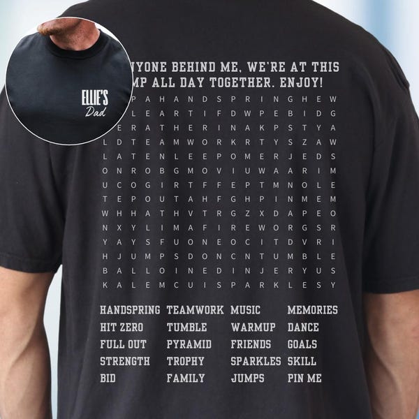 Personalized Competitive Cheer Dad T-Shirt or Sweatshirt | All Star Word Search Design