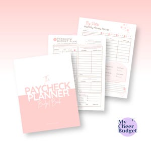 May include: A white and pink Paycheck Planner Budget Book with coordinating budget plan sheets. The book cover reads "The Paycheck Planner Budget Book" in a script font. The budget sheets include sections for income, expenses, and savings.