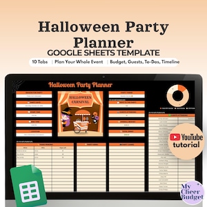 Puede incluir: Una plantilla digital de planificador de fiestas de Halloween para Google Sheets en una pantalla. La interfaz incluye secciones naranjas y negras para detalles de la fiesta, lista de invitados, presupuesto y un gráfico central.