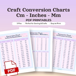 Puede incluir: Tres tablas de conversión para manualidades en formato PDF que muestran medidas en pulgadas, centímetros y milímetros. El texto dice Craft Conversion Charts Cm - Inches - Mm, PDF PRINTABLES, 3 Files, Perfect for Sewing & Crafts, Easy to Print.