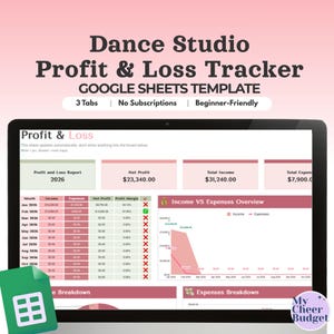 Puede incluir: Una plantilla digital de Google Sheets para el seguimiento de pérdidas y ganancias de un estudio de danza en una pantalla de portátil. La interfaz muestra un informe de 2026, tablas de ingresos y gastos, y un gráfico lineal en rosa y blanco.