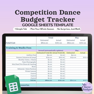 May include: A digital Competition Dance Budget Tracker Google Sheets template displayed on a screen. The spreadsheet includes columns for estimated and actual costs for training and studio fees, with rows for audition fees and summer intensives.