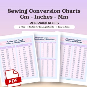 Może przedstawiać: Trzy cyfrowe tabele przeliczeniowe do szycia w formacie PDF, zawierające kolumny do przeliczania cali, centymetrów i milimetrów. Tekst zawiera Sewing Conversion Charts Cm - Inches - Mm, PDF PRINTABLES, 3 Files oraz Easy to Print.