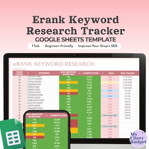 Może przedstawiać: Cyfrowy szablon eRank Keyword Research Tracker dla Arkuszy Google, wyświetlany na laptopie i smartfonie. Arkusz kalkulacyjny pokazuje analizę danych z kolumnami dla słów kluczowych, wolumenu wyszukiwania i konkurencji.