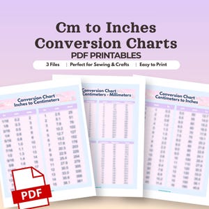 Puede incluir: Tres tablas de conversión imprimibles en PDF. Las tablas convierten centímetros a pulgadas y pulgadas a centímetros. Las tablas están etiquetadas como "Cm to Inches Conversion Charts" y están diseñadas para coser y manualidades.