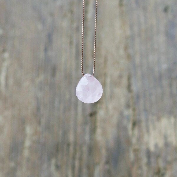 Rose quartz necklace. Minimalist necklace with a small rose quartz briolette.  Minimalist choker with a small faceted rose quartz briolette