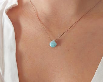 Larimar Necklace, Delicate Blue Gemstone, Silk Thread, Sterling Silver Clasp