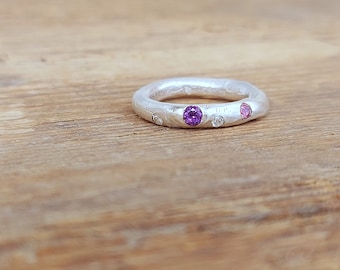 Amethyst ring with tourmaline and maturale zircons. Freeform sterling silver, february gemstones