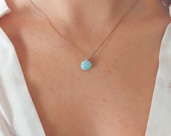 Larimar-ketting, delicate blauwe edelsteen, zijdedraad, sterlingzilveren sluiting