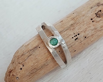 Double band emerald ring, sterling silver, freeform,   May gift, organic silver ring