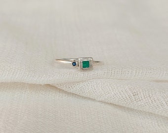 Emerald and blue sapphire ring.  Sterling silver, May birthstone, september gift