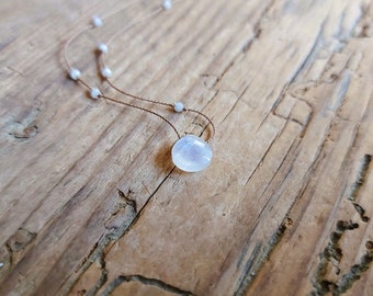 Rainbow moonstone necklace. Minimalist white labradorite necklace on silk thread.