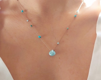 Larimar and turquoise necklace. Minimalist necklace on silk thread with genuine turquoise, chrysocolla and larimar