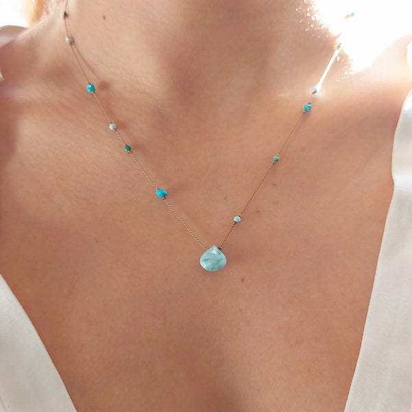 Larimar and turquoise necklace. Minimalist necklace on silk thread with genuine turquoise, chrysocolla and larimar