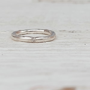 Organic silver and diamond ring.  Freeform tiny diamond ring. Stacking ring