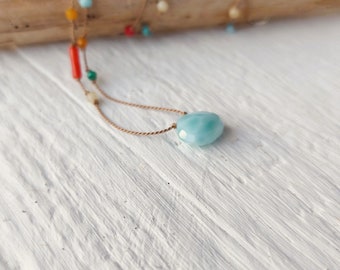 Larimar and multicolor gems necklace, Natural gems on silk thread, coral, turquoise, yellow agate