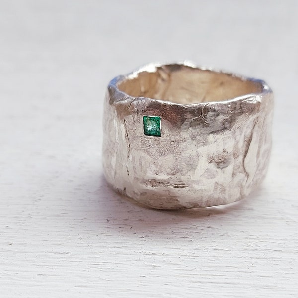 Emerald wide band ring. Emerald ring, May birthstone, organic sterling silver wide band emerald ring