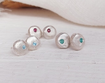Sterling Silver Birthstone Pebble Stud Earrings, Ruby, Emerald, Topaz