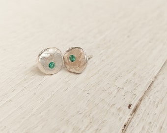 Emerald earrings. Minimalist  stud earrings. Sterling silver, Pebble organic emerald, ,