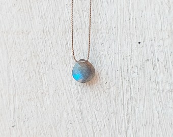 Labradorite necklace, minimalist floating natural gem, blue fire, stacking jewelry