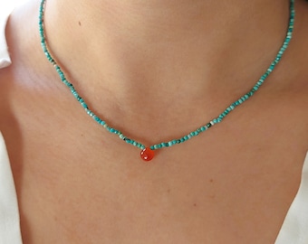 Turquoise and carnelian  necklace, minimalist beaded necklace, genuine gemstones, orange and turquoise