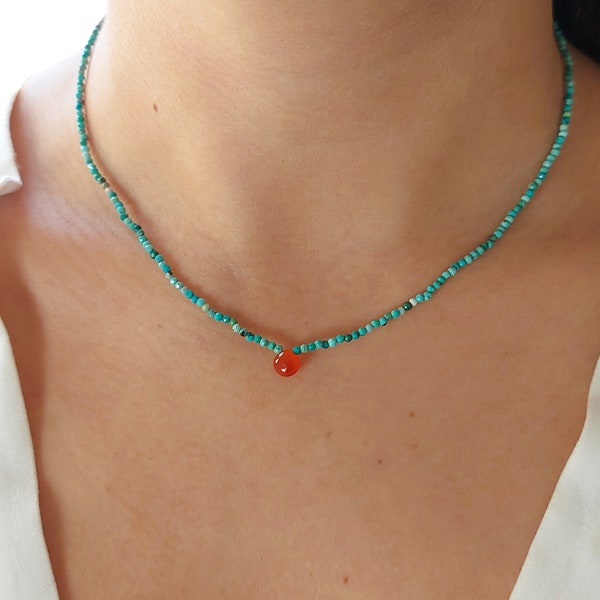 Collier turquoise et cornaline, collier de perles minimaliste, pierres précieuses véritables, orange et turquoise
