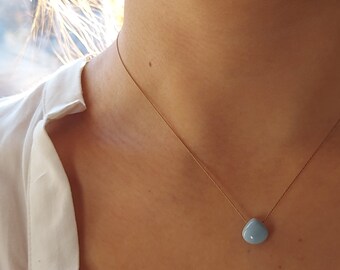 Blue opal necklace, Peruvian smooth briolette, minimalist jewelry, untreated gem, stackable necklace