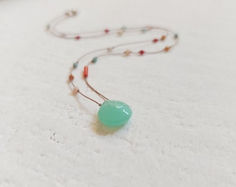 Chrysoprase and multicolor gems necklace, Green red coral, turquoise, yellow agate necklace