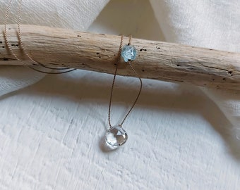 Clear quartz and aquamarine necklace, Crystal rock, April birthstone,  hyaline quartz