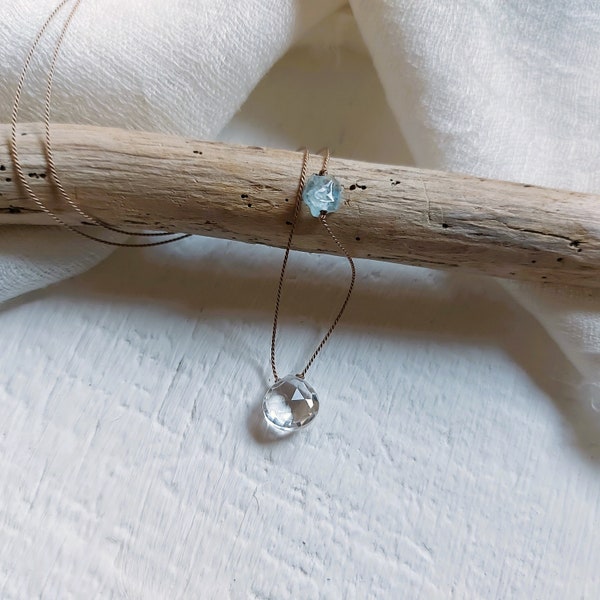 Clear quartz and aquamarine necklace, Crystal rock, April birthstone,  hyaline quartz