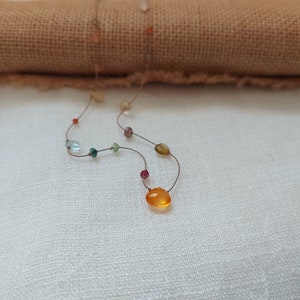 Carnelian and multicolor gems necklace. Minimalist neckalce  of natural gems on silk thread.