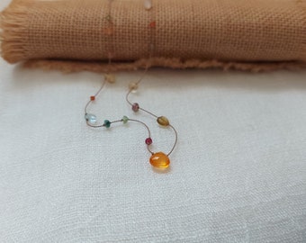 Carnelian and multicolor gems necklace. Minimalist neckalce  of natural gems on silk thread.