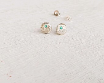 small pebble earrings, Minimalist emerald  stud, sterling silver organic jewelry,  May gift