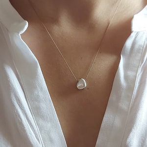 Minimalist Sterling Silver Pebble Necklace, Organic Pendant, Silk Thread