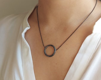 Oxidized sterling silver circle necklace. Karma sterling silver black necklace. Freeform circle necklace