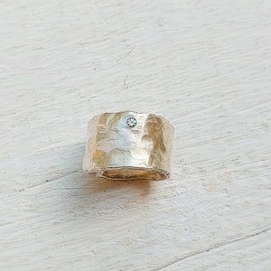 Wide band diamond ring. Handcrafted sterling silver boho wedding  ring, Organic wide band ring with a recycled diamond