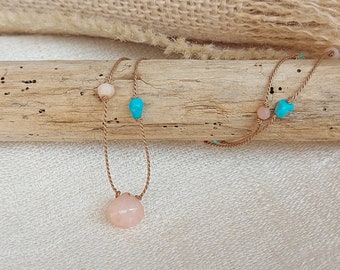 Peruvian pink opal and turquoise necklace. Minimalist necklace on silk thread