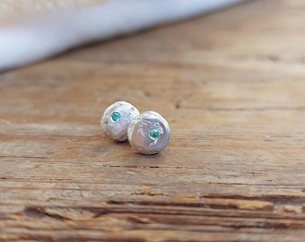 Tiny emerald earrings, Minimalist  stud, sterling silver and emerald, small pebble, May gift