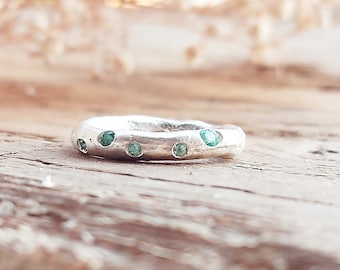 Emeralds and  sterling silver ring, organic freeform silver ring,  stacking emerald ring