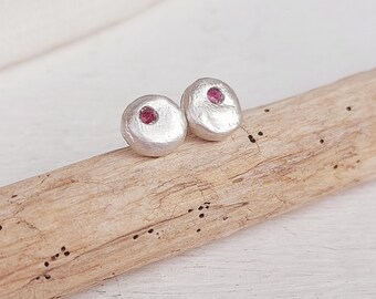 Ruby earrings, Minimalist  stud, sterling silver Pebble,  organic look, genuine ruby
