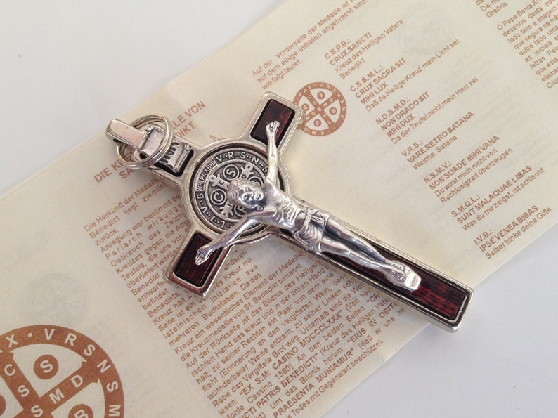 St Benedict crucifix 3 tall, brown and silver plated/ medalla de San Benito en color cafè y plateado image 2