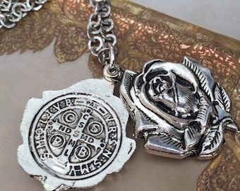St Benedict exorcism locket with 23" chains/ silver plated with vintage look/ gift medal/ medalla jubilar San Benito  con cadena